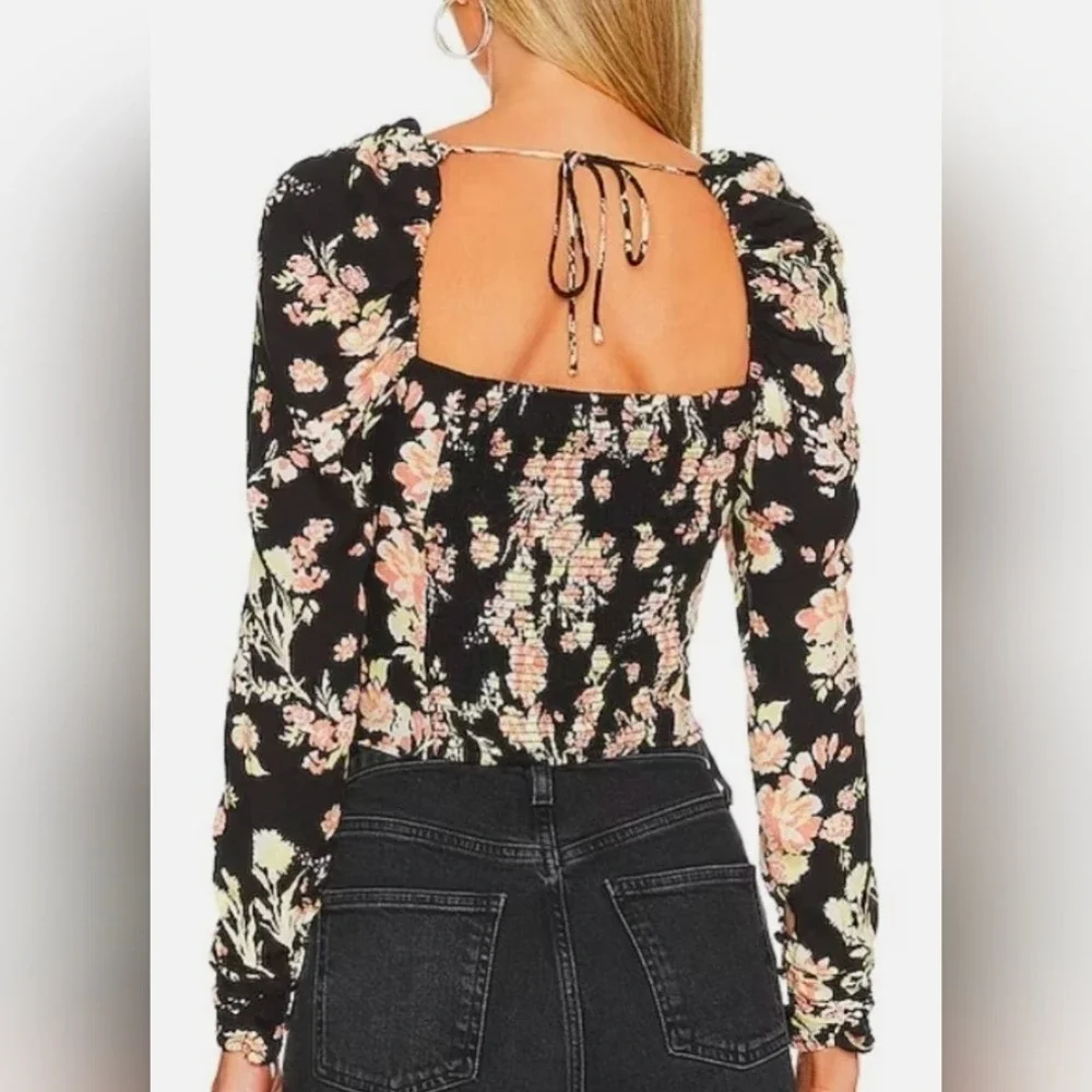 Free People Hillary Floral‎ Puff Sleeve Smocked Corset Crop Top SZ S MSRP 98 New